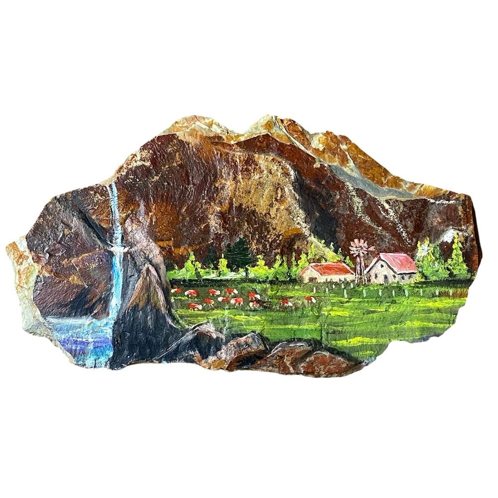 Hand Painted Rock Art Landscape Farm Scene Waterfall Windmill Rustic Folk Decor